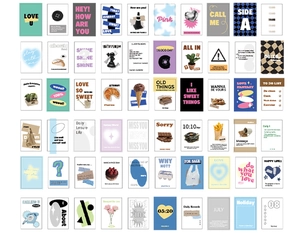 Flat lay of 60 vintage aesthetic stationery cards with retro typography and food imagery
