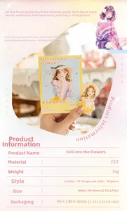 Detail view of 30pcs PET floral girl stickers with packaging dimensions and specifications