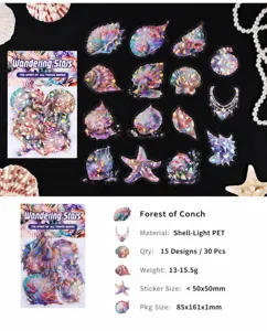 Detailed view of iridescent PET seashell stickers with 3D shell light effect for journaling
