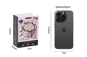 Size comparison of Ballet Style decorative box vs iPhone 15 Pro, dimensions 9.8x7x3.5cm