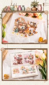 Macro detail of vintage sewing machine PET stickers with floral accents on craft paper