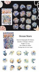 Macro detail of PET ocean stickers featuring holographic shell light and marine motifs