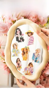 Close-up of stylish PET girl stickers on mirror with soft floral aesthetic background