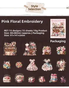 Macro detail of PET floral sewing stickers set including 15 vintage craft designs