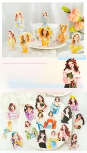 Detail of transparent PET girl stickers with floral dresses and romantic summer style