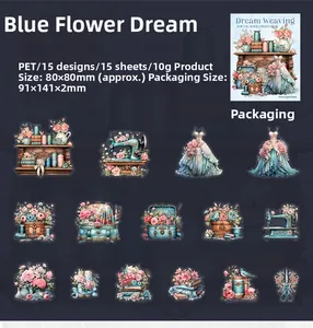Detailed PET stickers featuring vintage sewing machines and blue floral art for scrapbooking