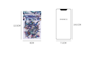 Size comparison of ocean-themed PET stickers with whale designs next to an iPhone