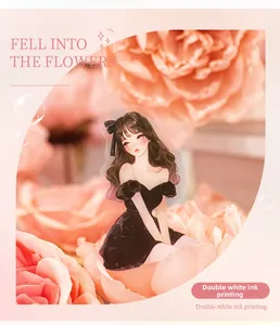 Detail of girl sticker in black dress among pink roses with double white ink printing