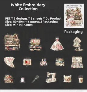 Detail view of PET vintage sewing stickers including scissors and sewing machine