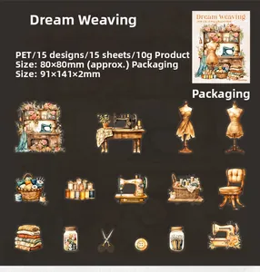 Detailed flat lay of 15 vintage PET sewing stickers featuring antique sewing machines