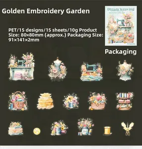 Macro display of 15 vintage PET stickers featuring sewing motifs and floral designs