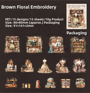 Flat lay of 15 vintage sewing PET stickers with sewing machines and floral motifs