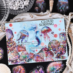Holographic ocean PET stickers featuring mermaids and jellyfish for scrapbooking