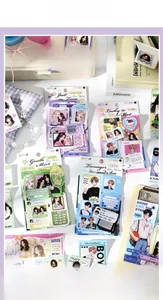Detailed flat lay of INS style aesthetic anime stickers with gentle pastel themes