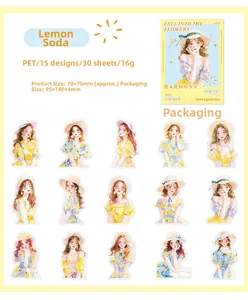 Detailed grid of 15 floral girl PET sticker designs with soft watercolor illustrations