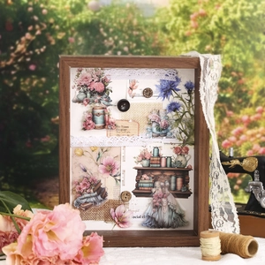 Autocollants PET vintage thème couture pour scrapbooking dans un cadre d'art en bois