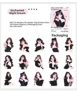 Detail view of 30pcs PET anime girl stickers set for scrapbooking with floral designs