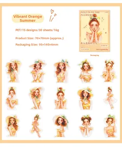 Detail of PET stickers showing 30 floral girl illustrations in vibrant orange tones
