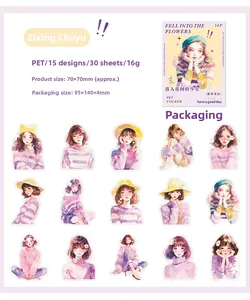Detail view of 15 girl illustration PET stickers in purple floral themes for journaling