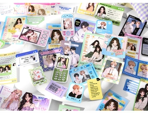 Flat lay of anime-style decorative stickers with phone UI and polaroid photo designs