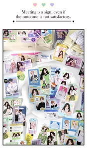 Close-up of anime style DIY journal stickers with cute character cards and deco elements