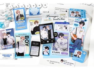 Detailed flat lay of Teenager and Sea Series stickers with anime illustrations and quotes