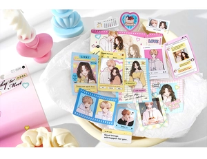 Macro detail of anime character stickers with creative polaroid and window designs