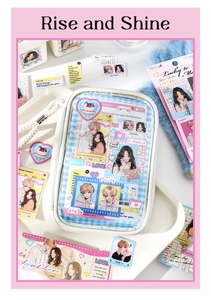 Macro detail of aesthetic stationery pouch with cute anime stickers and decorative cards