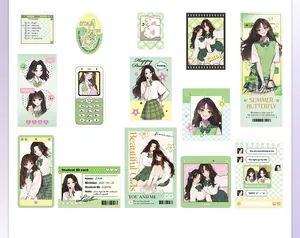 Close-up of decorative girls theme scrapbook stickers with fresh green aesthetic designs