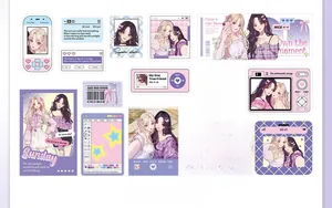 Detail of Y2K aesthetic anime stickers in dreamy purple and pink colors for DIY journals