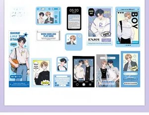 Detail of youth and sea themed stickers featuring anime boys and sky blue UI frames