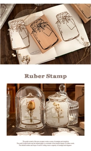 Macro detail of vintage wooden rubber stamps with apothecary bottle and mason jar designs