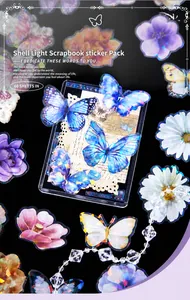 Macro detail of iridescent butterfly and flower stickers with shimmering shell light finish