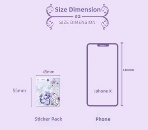 Dettaglio confezione 60 adesivi fiori e farfalle viola 45x55mm con scala dimensionale