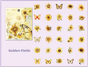 Vista dettagliata di 60 adesivi con girasoli e farfalle per decorazioni di scrapbooking
