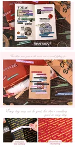 Detail of pre-cut retro English quote stickers with gold foil accents for scrapbooking