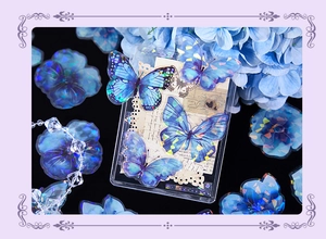 Detailed holographic blue butterfly and floral PET stickers with shimmering laser effect