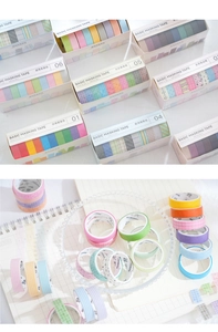 Macro shot of 10-roll washi tape set with vibrant candy colors for scrapbooking