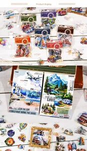 Detailansicht von Retro-Reiseaufklebern mit Vintage-Wahrzeichen und Weltmonumenten