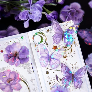 Purple holographic butterfly and floral stickers for journaling with laser finish