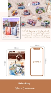 Retro-Reiseaufkleber mit Vintage-Kameras und Koffern sowie Größenvergleich zum Telefon