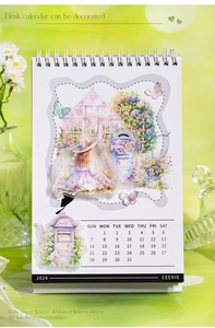 Calendario de mesa 2024 con ilustraciones de chica e invernadero en mesa floral