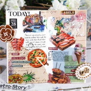 Retro Story Reisetagebuch-Sticker mit Food-Art und Landschaften für DIY-Journaling
