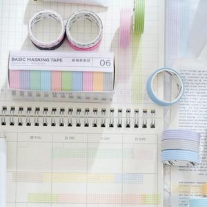 10-roll set of candy-colored grid and stripe washi tapes with aesthetic notebook and pen