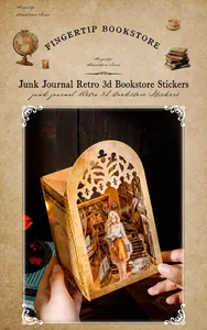 Detail of retro 3D medieval library bookstore sticker for junk journals and scrapbooking