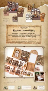 Macro shot of 15 vintage steampunk stickers featuring retro furniture and bookshop scenes