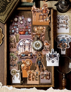 Steampunk vintage stationery stickers featuring clockwork and Victorian furniture details