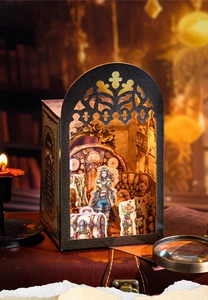 Detail of vintage steampunk diorama sticker with Victorian patterns and warm lighting