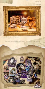 Detailed view of 3D vintage stickers featuring globes, antique books, and magic bottles