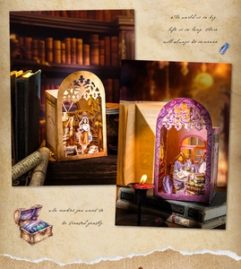 Detail of vintage DIY book nook kits with retro library and magic lab miniature scenes